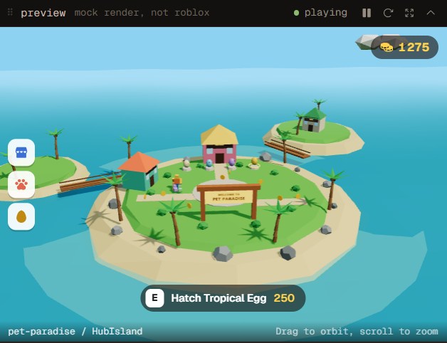 A 3D preview of a tropical pet simulator island with an egg shop and palm trees.