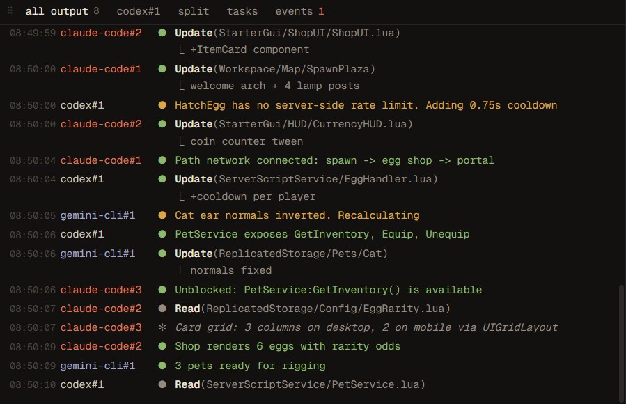 The shared terminal feed: agents reading, updating and building Roblox scripts, with timestamps.